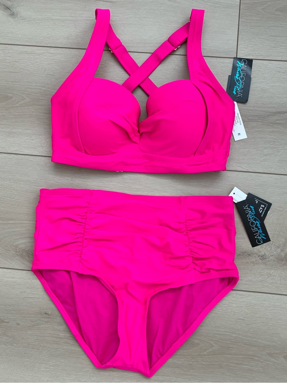 California Waves Hot Pink Crossback Two Piece High-Waist Bikini Set 0X 12-14 NWT